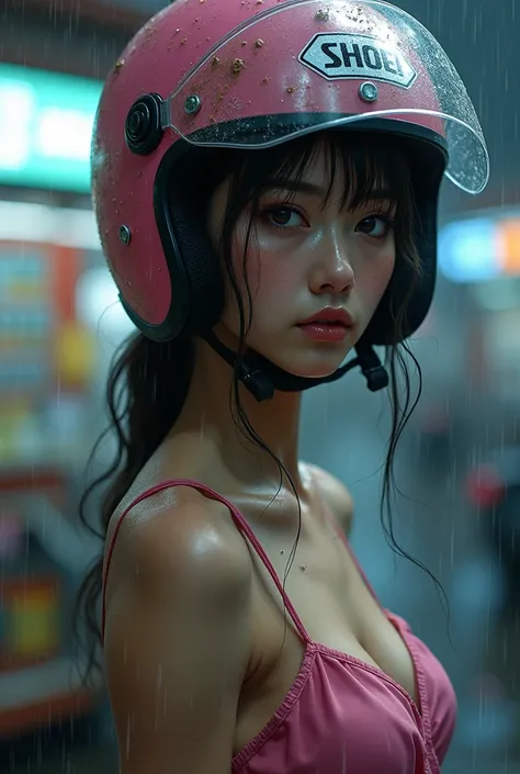 very beautiful Japanese girl, at convenience store at night, dramatic scene, masterpiece, (upper body:1.3), clear helmet visor, ((visor down)), ((lowered visor)), (((((visor covering face))))), raining, water on visor, beautiful eyes, ((pink Shoei scooter ...