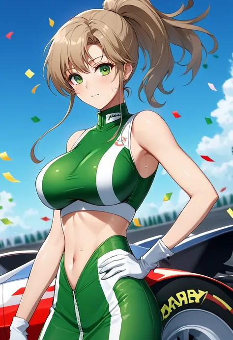 Highest quality, Great quality, 16K, Unbelievably absurd, Very detailed, 2.5D, delicate and dynamic, (Makoto Kino),blue sky, Confetti, Racing Car, flag, Small face, Very delicate look, Delicate eye depiction, Very Fine Hair, Upper body close-up, erotic, Se...