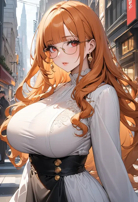 ((best quality)), ((Masterpiece)), (details), Young woman, alone, (big breasts, orange hair, red eyes, ((My hair is very long., Long wavy hair)), (Bangs:1.3) , curve, large breasts, huge breasts, beautiful face, Beautiful skin , Long eyelashes, Thick eyela...