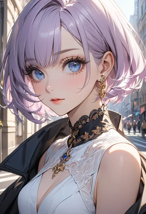 ((best quality)), ((Masterpiece)), (details), Young woman, alone, ( light purple hair, blue eyes, ((short hair)) , beautiful face, Beautiful skin, Long eyelashes, Thick eyelashes)  , distinctive style, White Dresses, black coat, Gold Earrings, in the city