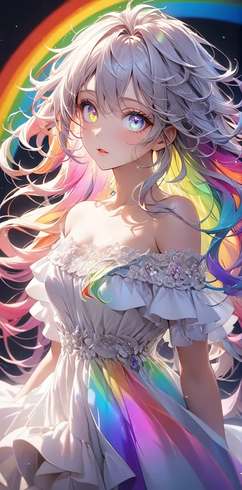 Ultra high resolution, rich colors, perfect image, top quality, detailed image, beautiful woman, glowing skin, skin and clothing texture, delicate eyes, messy hair, white off-shoulder dress, gradient rainbow long hair, rainbow eyes