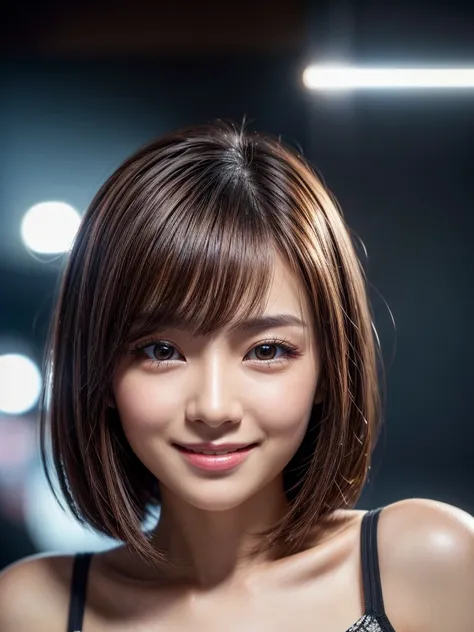 best quality, super detail, super detail, detailed beautiful eyes, textured skin, 8k, (Cinema Lighting:1.3), 1 person, Beautiful Japanese Woman, 30 years old, brown hair, straight bob hair, thin hair, Narrow eyes:1.5, (smile:1.3), (Tilt your head)