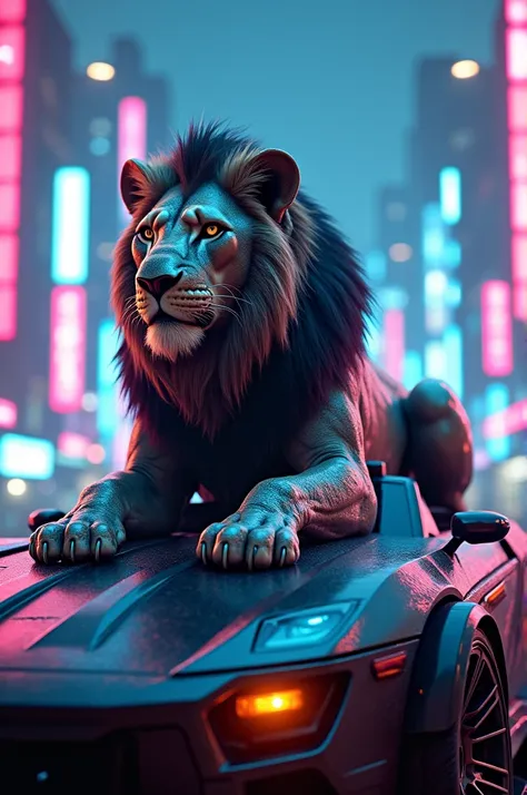 Lion sitting on car with metal helmet in cyberpunk city with blue and pink light