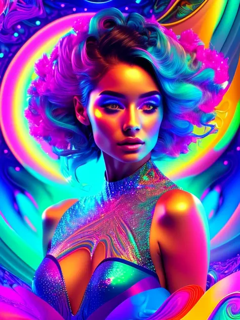 A mesmerizing psychedelic playmate girl, intricate abstract vector art, Hologram texture, vibrant colors, trippy visuals, highly detailed, masterpiece, photorealistic, 8k, cinematic lighting, ethereal, dreamlike, glowing, iridescent, fluid shapes, hypnotic...