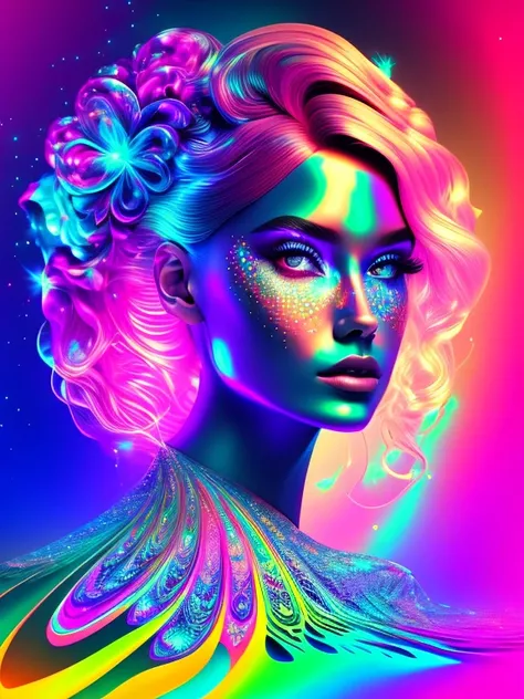 A mesmerizing psychedelic playmate girl, intricate abstract vector art, Hologram texture, vibrant colors, trippy visuals, highly detailed, masterpiece, photorealistic, 8k, cinematic lighting, ethereal, dreamlike, glowing, iridescent, fluid shapes, hypnotic...