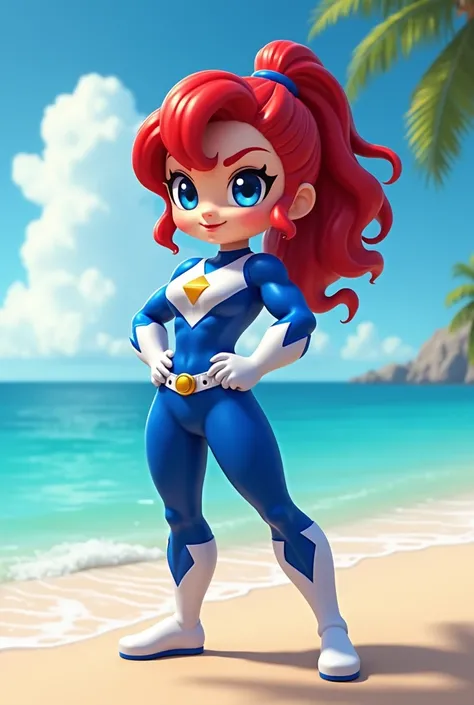 Create an image of a red haired power ranger muscle girl using blue and white clothes, power rangers body suit blue, chibi muscle girl, sunny beach,  muscle legs, muscle defined legs, large hips, detailed, masterpiece, red tiny smile, 3d, 3d render, raytra...