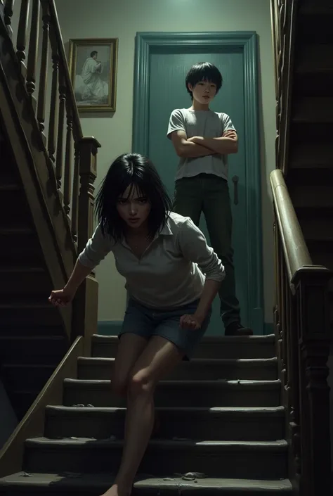 With the same boys from the old image I want you to make an image of the girl falling down the stairs and the boy behind her without helping her