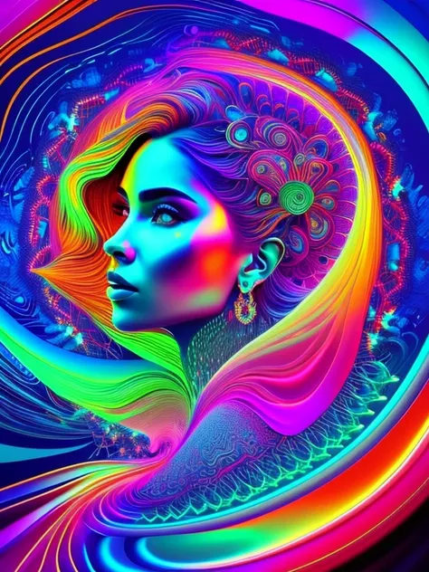 A mesmerizing psychedelic girl, intricate abstract vector art, Hologram texture, vibrant colors, trippy visuals, masterpiece, ethereal, dreamlike, glowing, iridescent, fluid shapes, hypnotic patterns, kaleidoscopic, transcendent, euphoric, immersive, capti...