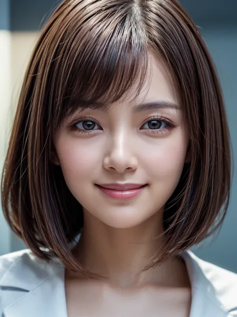 best quality, super detail, super detail, detailed beautiful eyes, textured skin, 8k, Cinema Lighting, (office, noon, Light of the sun), 1 person, Beautiful Japanese Woman, 30 years old, brown hair, straight bob hair, thin hair, Narrow eyes:1.5, (smile:1.3...