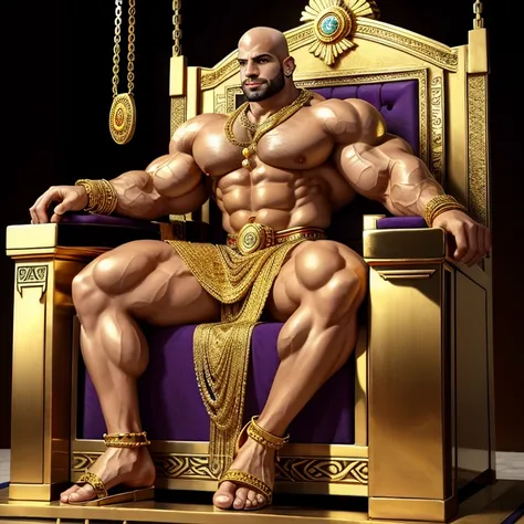 full view full body, white skinned King Xerxes, looking young and hansome, with no hair, no beard, no moustache, He is totally waxed, without a single hair, over-muscular with his over-inflated and over-bloated shoulders,legs, pecs, biceps and abs, is cove...