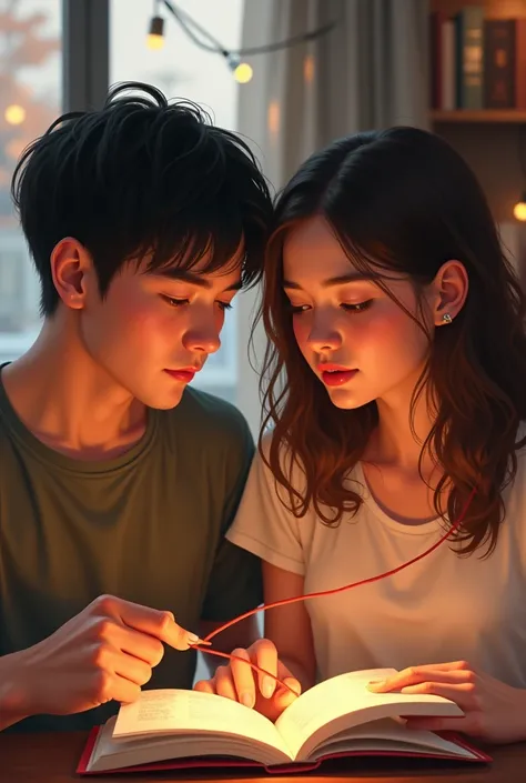 Two teenagers, man and woman, talking and laughing while reading, joined by a thin red thread
