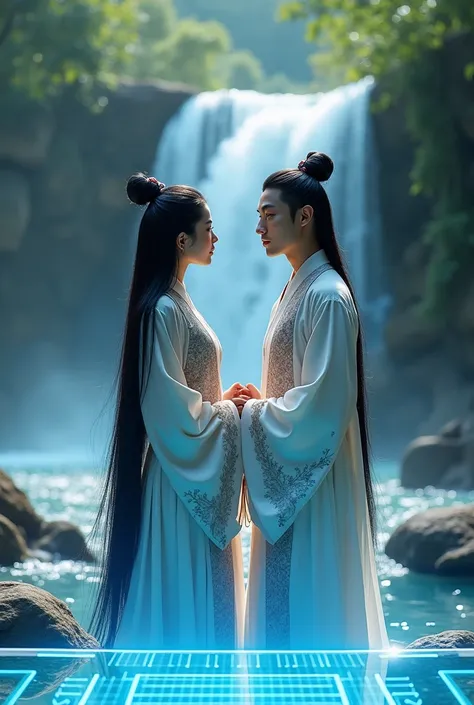 Women & Men,Ancient Chinese dress with long black hair,beautiful,handsome,Standing by the waterfall,In front of you is a clear blue holographic screen. , 2 people,virtual