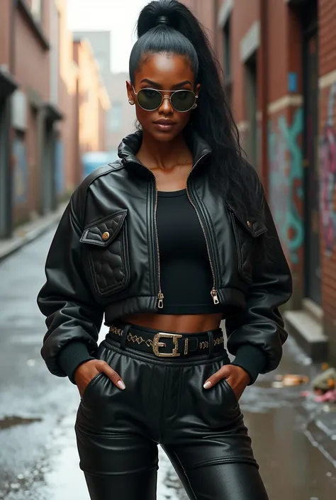 A curvaceous Black woman dressed in a fitted, cropped bomber jacket with quilted detailing and oversized pockets, paired with high-waisted, skinny leather pants that have a subtle snakeskin texture. She completes the look with ankle boots, a designer-inspi...