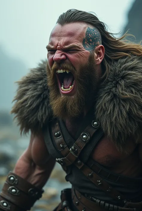 Realistic Viking warrior screaming with his teeth bared with an iggdarsil tattoo around his eye and with his eyes open and long hair shaved on the side 