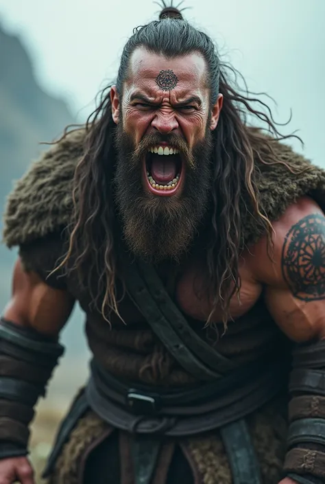 Realistic Viking warrior screaming with his teeth bared with an iggdarsil tattoo around his eye and with his eyes open and long hair shaved on the side 