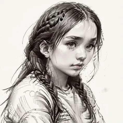 Top quality, high image quality, realistic, shy look, 1 girl, early teens, long lashes, shoulder-length braided hair, watch the viewer, pose from head to shoulder, dense and realistic sketch, one quick sketch, sketch, line, simple background, very embarras...