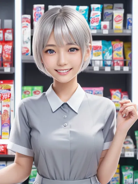 Young and beautiful Japanese girl with platinum silver short hair,Ultra detailed eyes,big, clear eyes,Droopy eyes,Cute eyes,A balanced perspective,Ultra detailed face,A kind smile,(Wearing a convenience store clerk uniform:1.25),Highly detailed and realist...