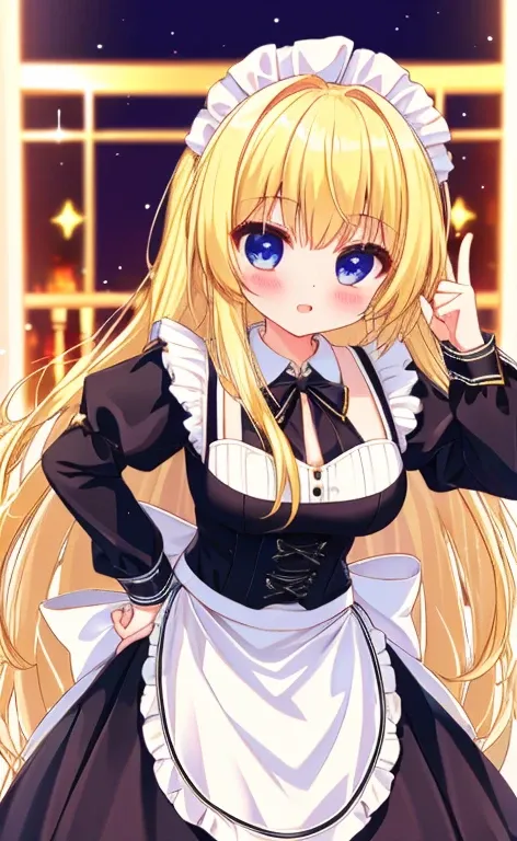 Beautiful long blonde　Girl in black maid outfit　Long skirt　Long sleeve　Place your left hand on your hip　Leaning forward　Look at the audience　Cowboy Shot　Hold up the index finger of your right hand