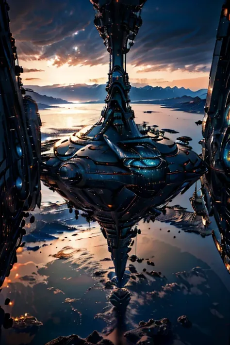 super submarine-shaped spaceship hovering over a large lake, ultra detalhada, city in the distance, a nebula lighting up the sky...