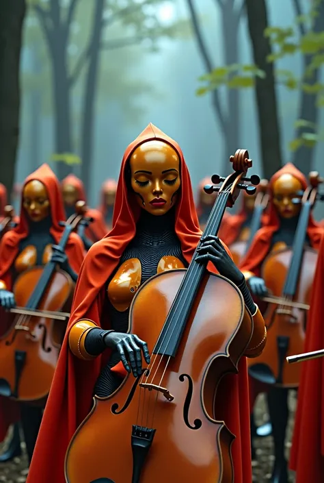 Cyborg wemen orchestra playing violencelle and all of them wearing red cape covering their orange metallic head and faces it has to be covered 

,vivid cinematic4k colors in a foggy forrest, the wemen should look like faminine
a cyborg woman orchestra play...