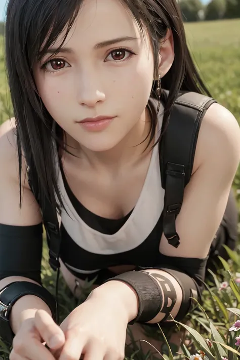 tifa lockhart,(A female lying on her back in a meadow),head to knee shot,Composition from directly above,Half Smile,hair fluttering in the strong wind,(perfect anatomy:1.3),(hyper detailed, masterpiece:1.2), best quality,RAW photo, exquisite, beautiful