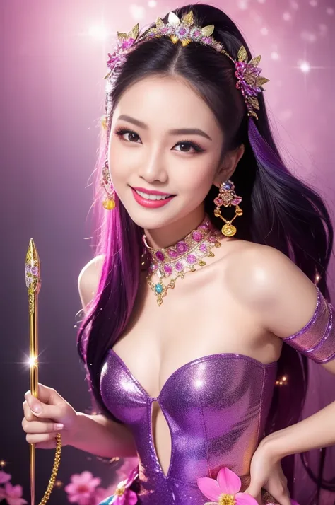 sexy Thai model who controls poison、beautiful smile、lip-gloss、bold lipstick、colorful metallic makeup、look at the camera、full body Esbian、、sparkling poisoned flower costume、、、、sparkling Colorful hair、secrete poison、skull hair accessories、sexy tights、shiny s...