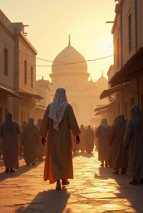 A serene image of Caliph Umar ibn al-Khattab walking through the streets of Medina at dusk. He is dressed modestly, interacting with the common people. The image highlights his humility and connection with the community, with simple homes and the Mosque of...