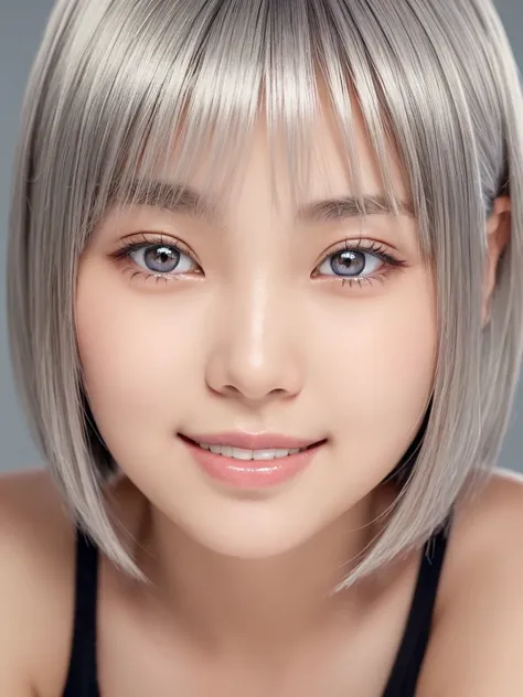 Young and beautiful Japanese girl with platinum silver short hair,Ultra detailed eyes,big, clear eyes,(Droopy eyes:1.0),Cute eyes,A balanced perspective,Ultra detailed face,A kind smile,(Wearing a McDonald&#39;s uniform:1.25),Highly detailed and realistic,...