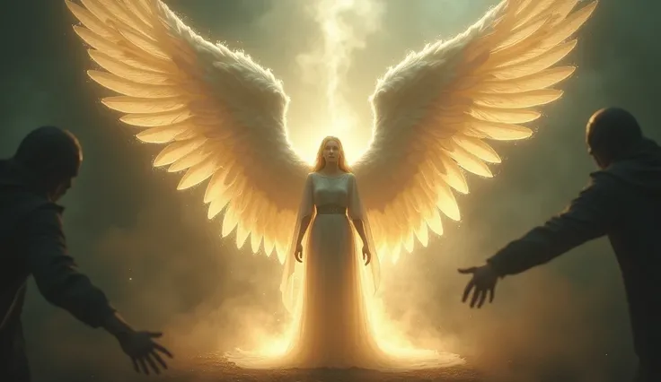 An image depicting an angelic figure with large, glowing wings encircling a person, shielding them from dark forces trying to approach. The person stands calm and confident within the angel’s protective embrace.