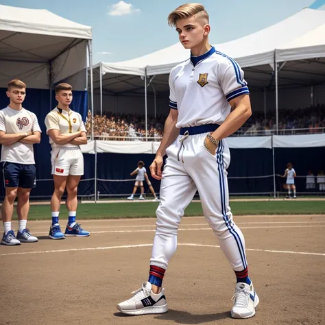 full body view, ar cute young white european scoolboy with light-brown undercut haircut, in fencing clothes, white socks, hype f...