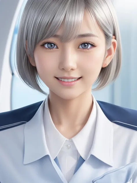 Young and beautiful Japanese girl with platinum silver short hair,Ultra detailed eyes,big, clear eyes,(Droopy eyes:1.0),Cute eyes,A balanced perspective,Ultra detailed face,A kind smile,(Wearing a simple flight attendant uniform:1.25),Highly detailed and r...