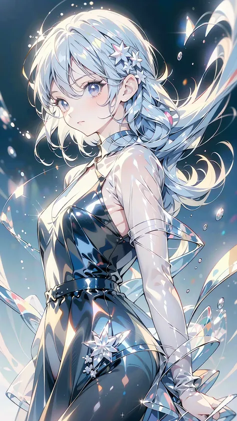 anime girl with long white hair and a star in her hair, White-haired God, Anime girl with space-like hair, star(null) starry_null, Cute girl anime visuals, Splash Art Anime , White glowing aura, White Haired Girl, Ethereal Anime, akasuki voidstar, Celestia...