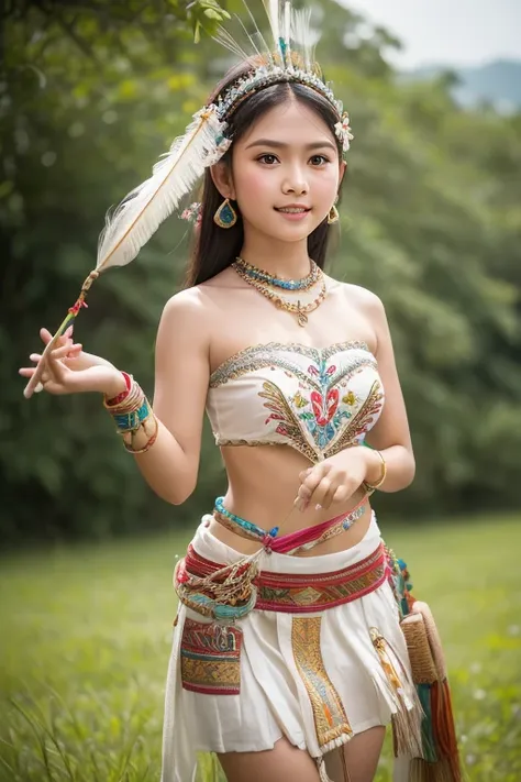 Indonesian young girl, white skin, beautiful breast, wearing strapless Sleeveless Dayak traditional clothing, embroidered with intricate embroidery, complete with bird feather decoration on the head, transparent ribbons on arm rings, metal chain tassels on...