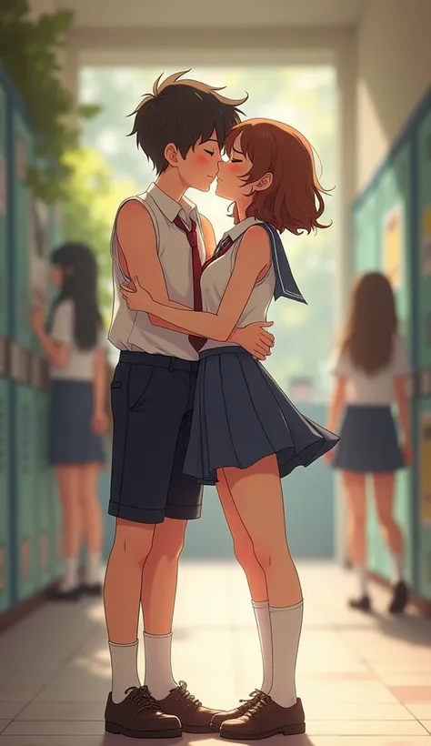 A heartwarming moment between two young people, Both are 20 years old, They share an intimate kiss in the familiar environment of school.、It exudes undeniable cuteness.。. , With a kind smile and kind eyes, Wearing traditional clothing, including above-the-...