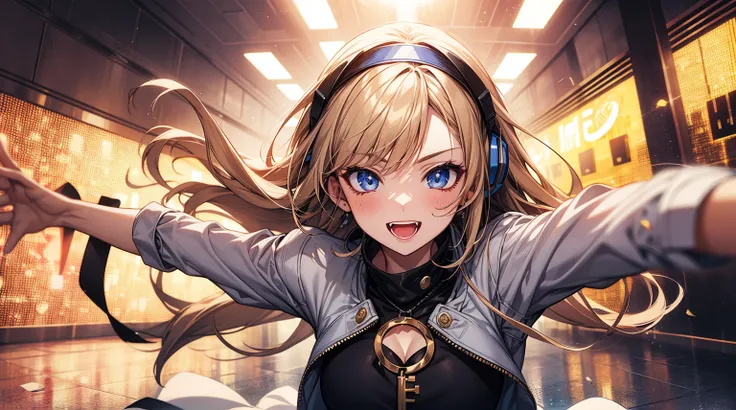 1 girl,headphone, dancing alone on the floor in disco nightclub, happy, detailed gorgeous face| anime style| key visual| intricate detail| highly detailed| breathtaking| vibrant| panoramic| cinematic|