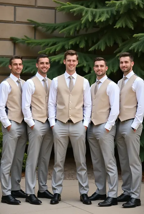 Create photos of 6 groomsmen with:
All with light gray pants, black sports shoes, beige tie, white shirt and half of them without a vest 