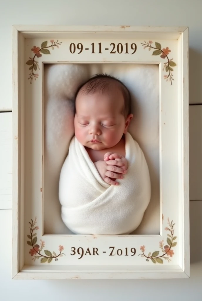 Born baby frame with date of birth 09/11/2019 With time 7.55 o clock picture edit space 