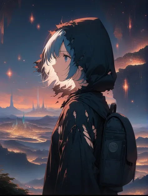 score_9, score_8_up, score_7_up, score_anime, masterpiece, top quality, delicate illustration, sharp lines, sharp focus, BREAK, a traveling girl wandering in the endless night world, the girl wears a hood and has a lot of stuff in her backpack, night , fan...