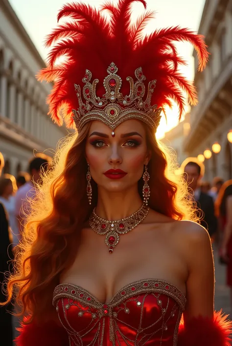 Golden evening sunlight casts a warm glow on the vibrant streets of Venice, Italy, as the Carnival celebration reaches its climax. A stunning woman in a radiant red strapless corset, adorned with a glittering gold necklace and a resplendent red and white m...