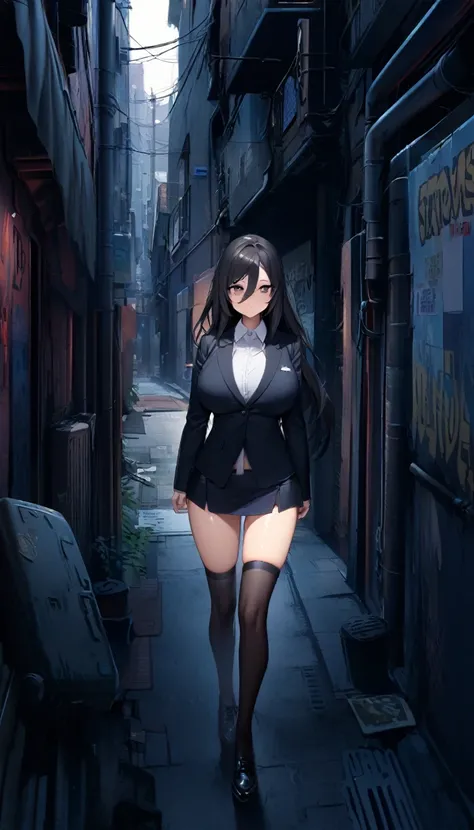 Highest quality、One woman, age 26、policewoman、Black Hair、Long Hair、Hanging eyes、Dark Eyes、Bangs between the eyes、Big Breasts、Black clothing、suit、Micro Mini Skirt、｛Black thigh-high socks｝、Chest、clavicle、strong、Be vigilant、stand、Low eyebrows、Alley