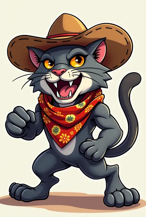 Make a mascot like the angry gray puma with a scarf around its neck and a cartoon-style gaucho hat