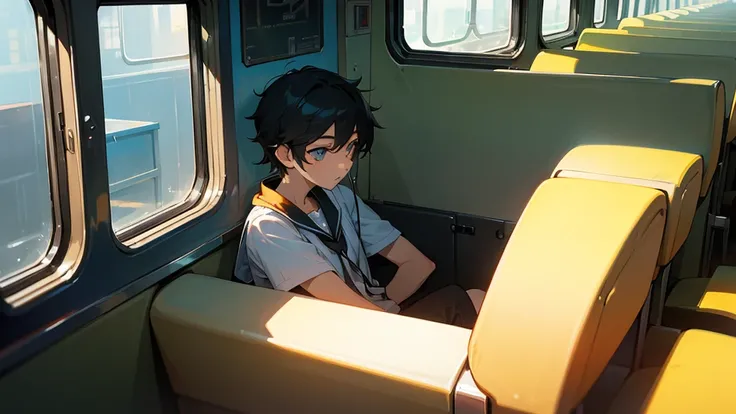 Very cool high school boy、Wearing headphones、Black Hair、Short Hair、Blue sparkling eyes、Sitting in the back seat of a dark brown retro car、View from the train window、One person、solo、Retro anime style