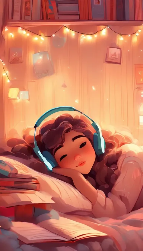 ((lo-fi drawing styles:1.5)), girl lying in her bed listening to music with headphones, books on the bed, soft light garland, am...