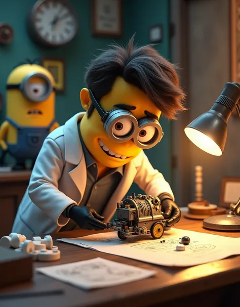 In an experiment,Minion Kevin in a scientist suit is building a device on a table, Behind him is the Minion building formula Kevin sits at his desk with a bunch of papers, drawings and surrounding electronics. He is testing small models., Adjust the device...