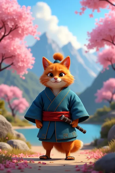 A 3D render of a Disney Pixar-style movie with the title "A CGI GINGER CAT Samurai" written at the top. Taison is a Japanese-style samurai dog with a blue outfit and a red sash standing on his hind legs. He has a topknot hairstyle and wears traditional Jap...