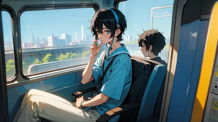 Very cool high school boy、Wearing headphones、Black Hair、Short Hair、Blue sparkling eyes、sitting in the back seat of a retro car、View from the train window、One person、solo、Retro anime style