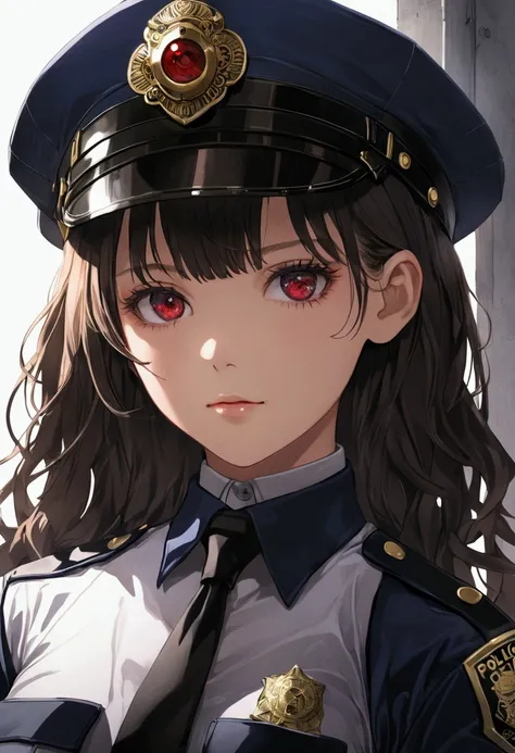 a girl,with half a human face,half of the robot ronato,with a police outfit that is not sexy