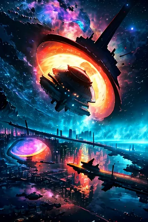 Super submarine-shaped spaceship hovering over a large lake, ultra detalhada, city in the distance, a nebula lighting up the sky, , black hole, sci-fi, bright coloured, 4K, deep space