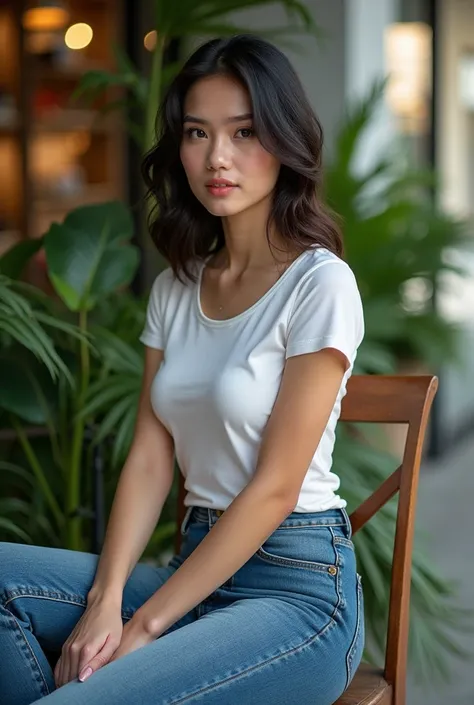 Premium photo level+Thai girl+beautiful face+Beautiful figure+sexy+T-shirt and jeans+Sit on a chair+A lot of potted plants+In front of the department store+The most realistic images+high resolution