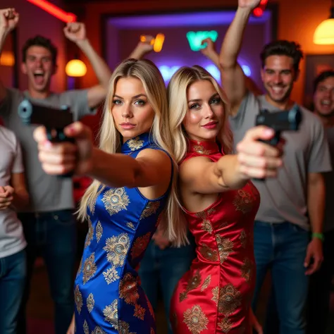 wide depth of field, wide depth of focus, f/11 lens setting, all objects in focus, full color image, 2 laughing women , posing with pistol held up next to her face, looking at camera ,large fraternity house game room, full body image, (satin cheong sam dre...